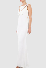 Cut Out Tulle-Paneled Sleeveless Crepe Gown