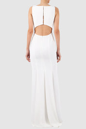 Cut Out Tulle-Paneled Sleeveless Crepe Gown