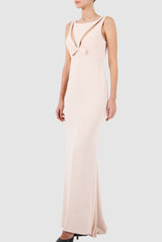 Cut Out Tulle-Paneled Sleeveless Crepe Gown