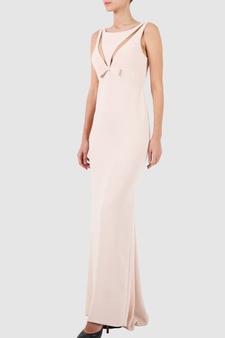 Cut out tulle-paneled sleeveless crepe gown
