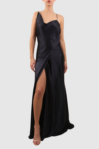 Asymmetric Silk Dress with Black Chain Straps