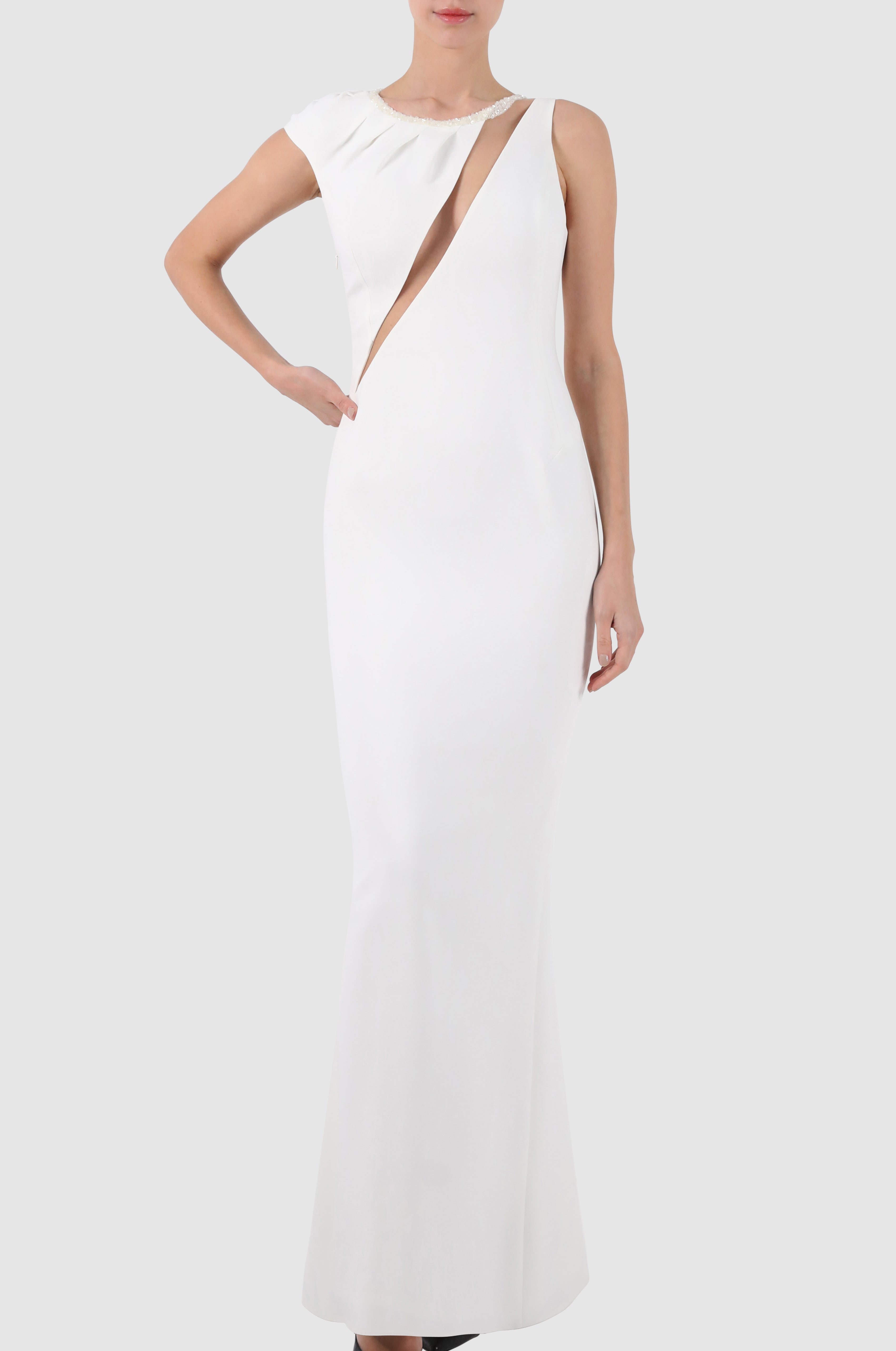 Two-Tone Embroidered Tulle-Paneled Crepe Gown