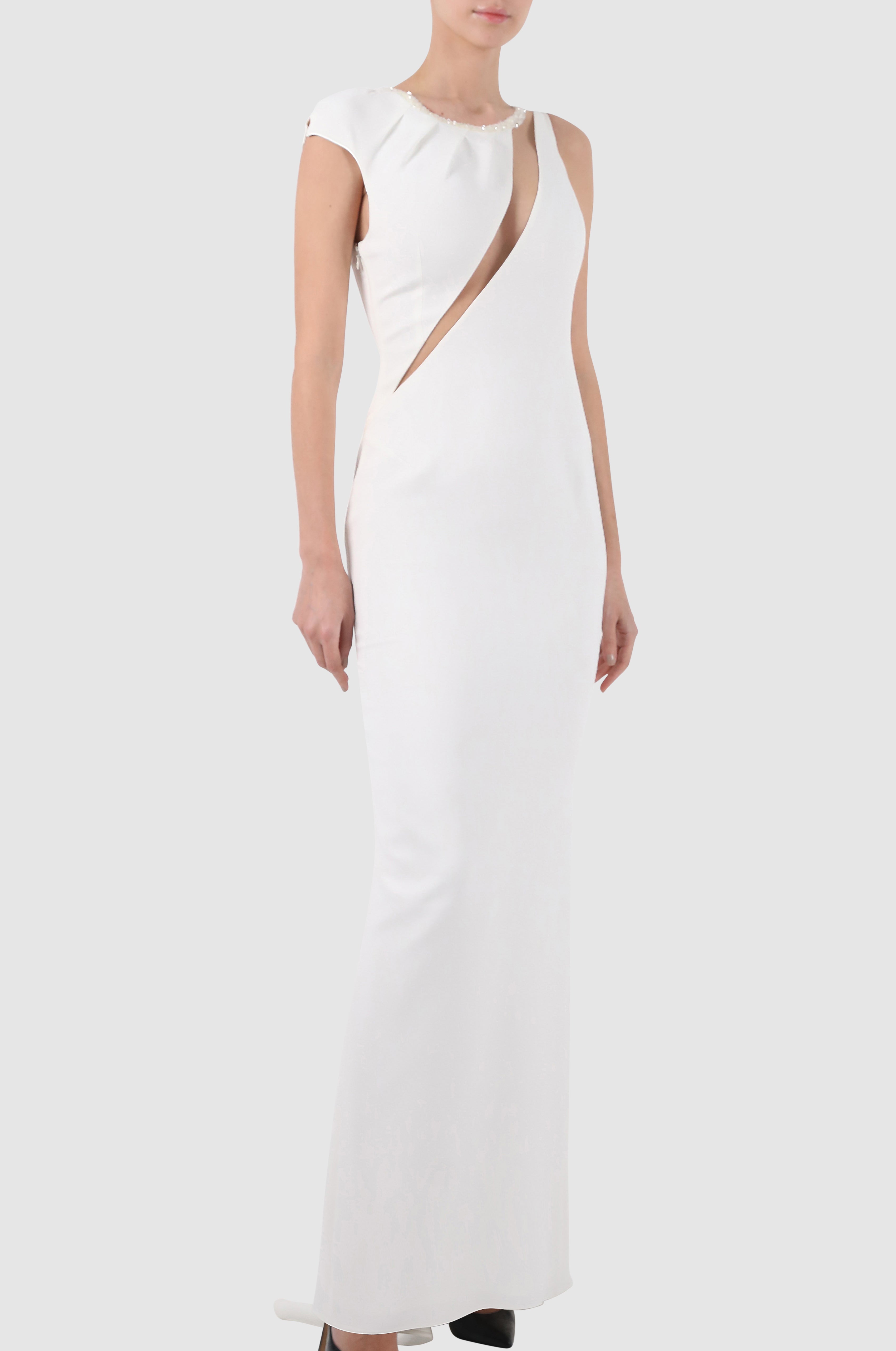 Two-Tone Embroidered Tulle-Paneled Crepe Gown