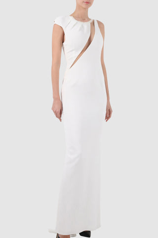 Two-tone embroidered tulle-paneled crepe gown