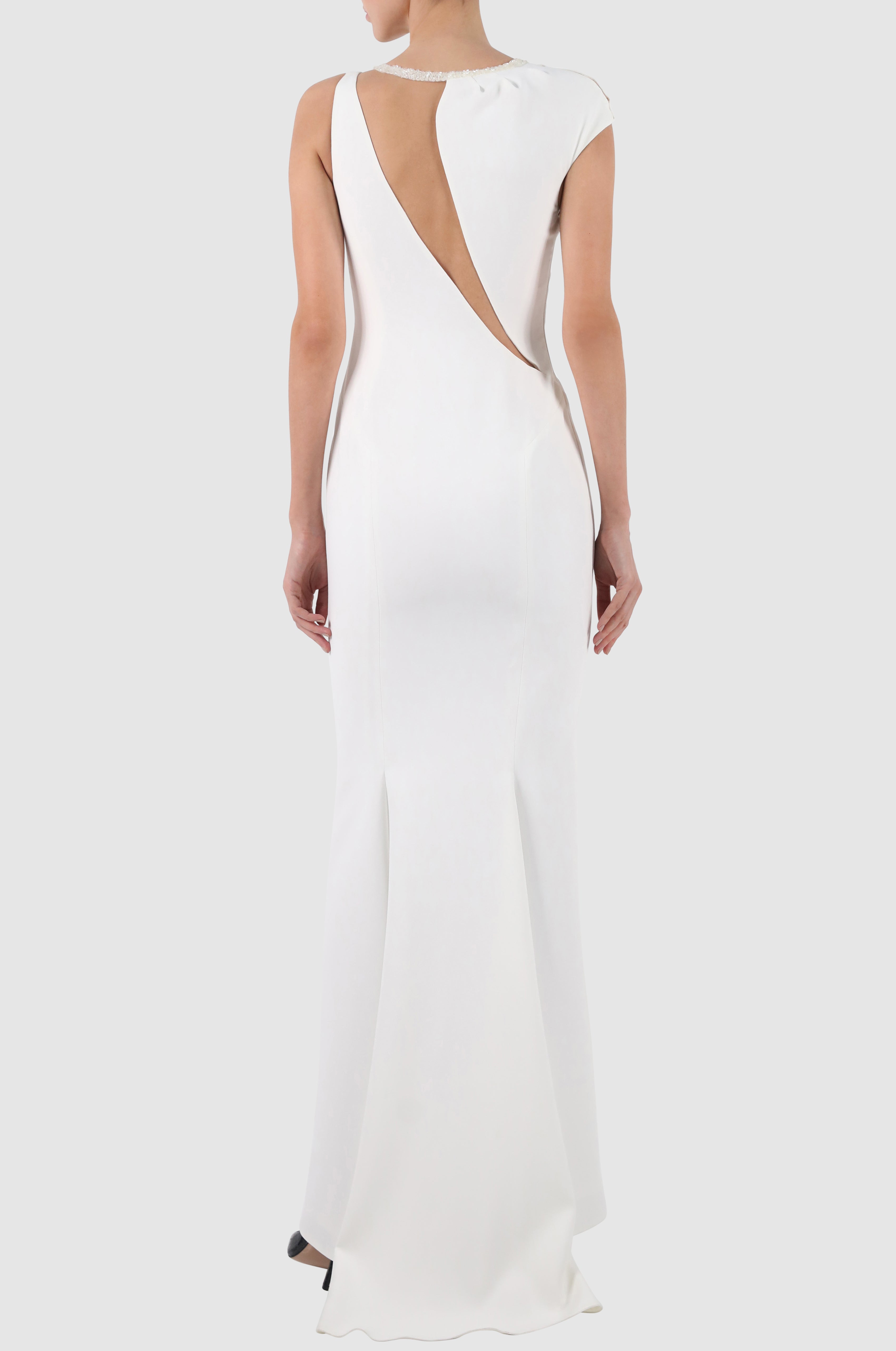 Two-Tone Embroidered Tulle-Paneled Crepe Gown