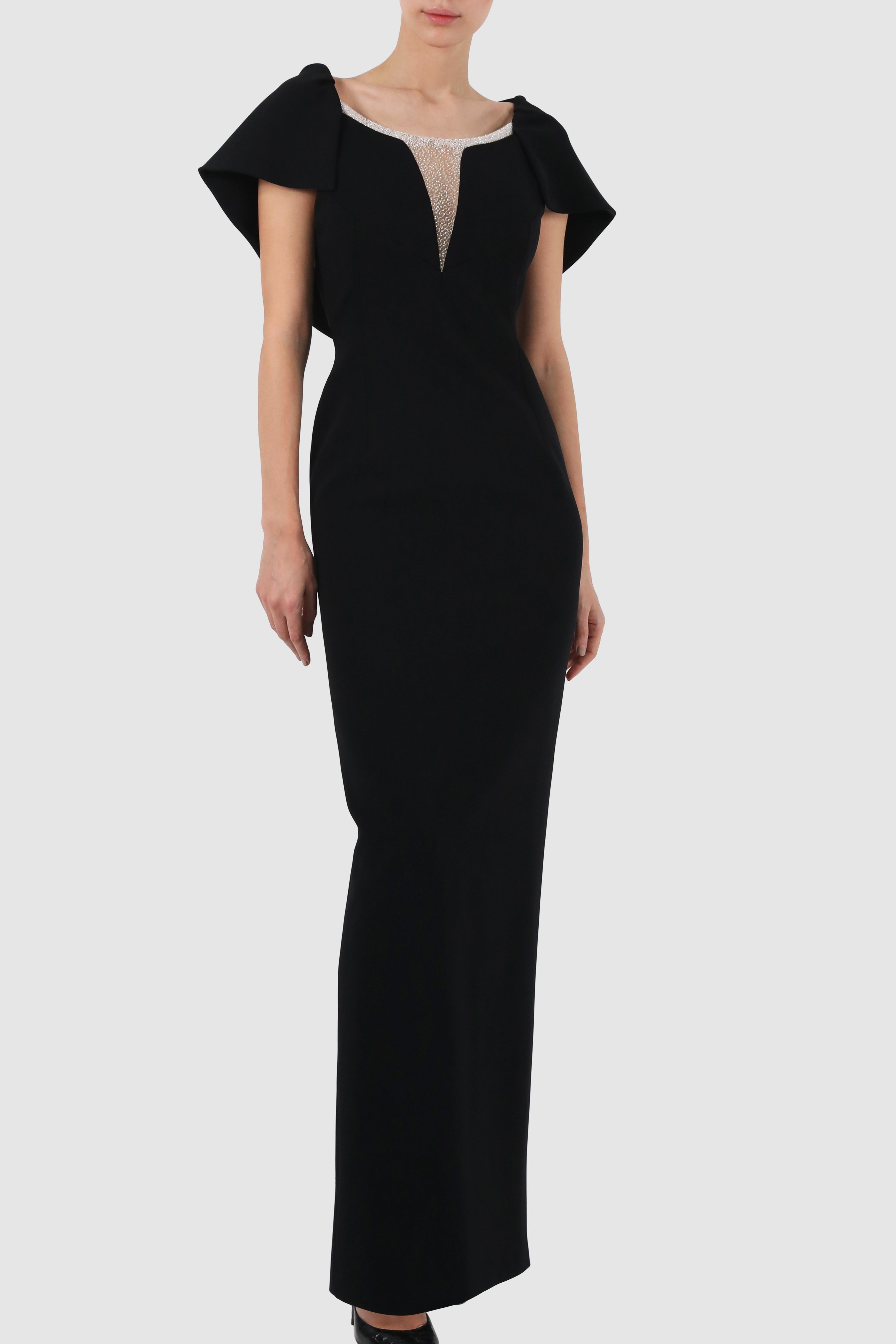 Cape-Like Tulle Embroidered Crepe Gown