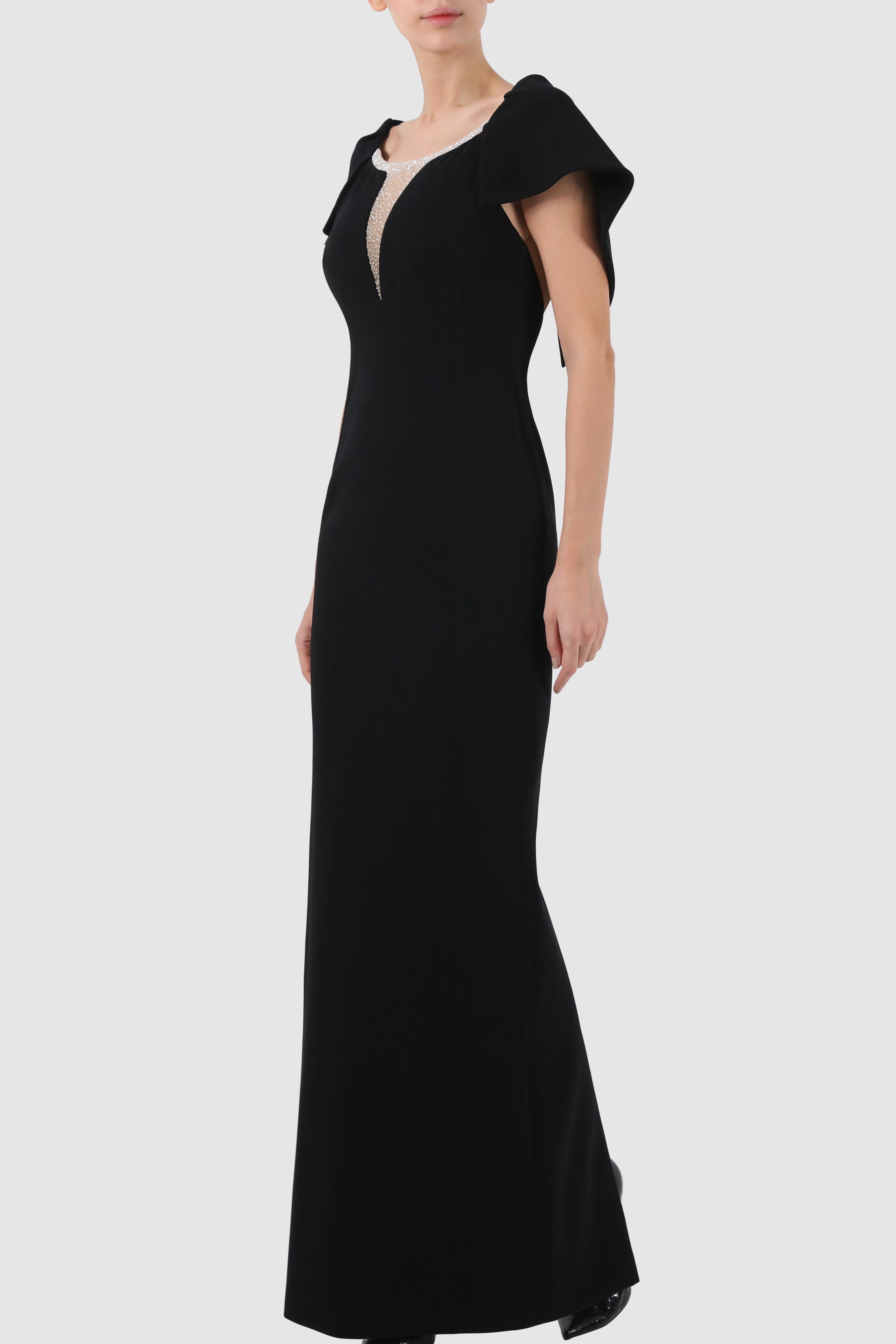 Cape-Like Tulle Embroidered Crepe Gown
