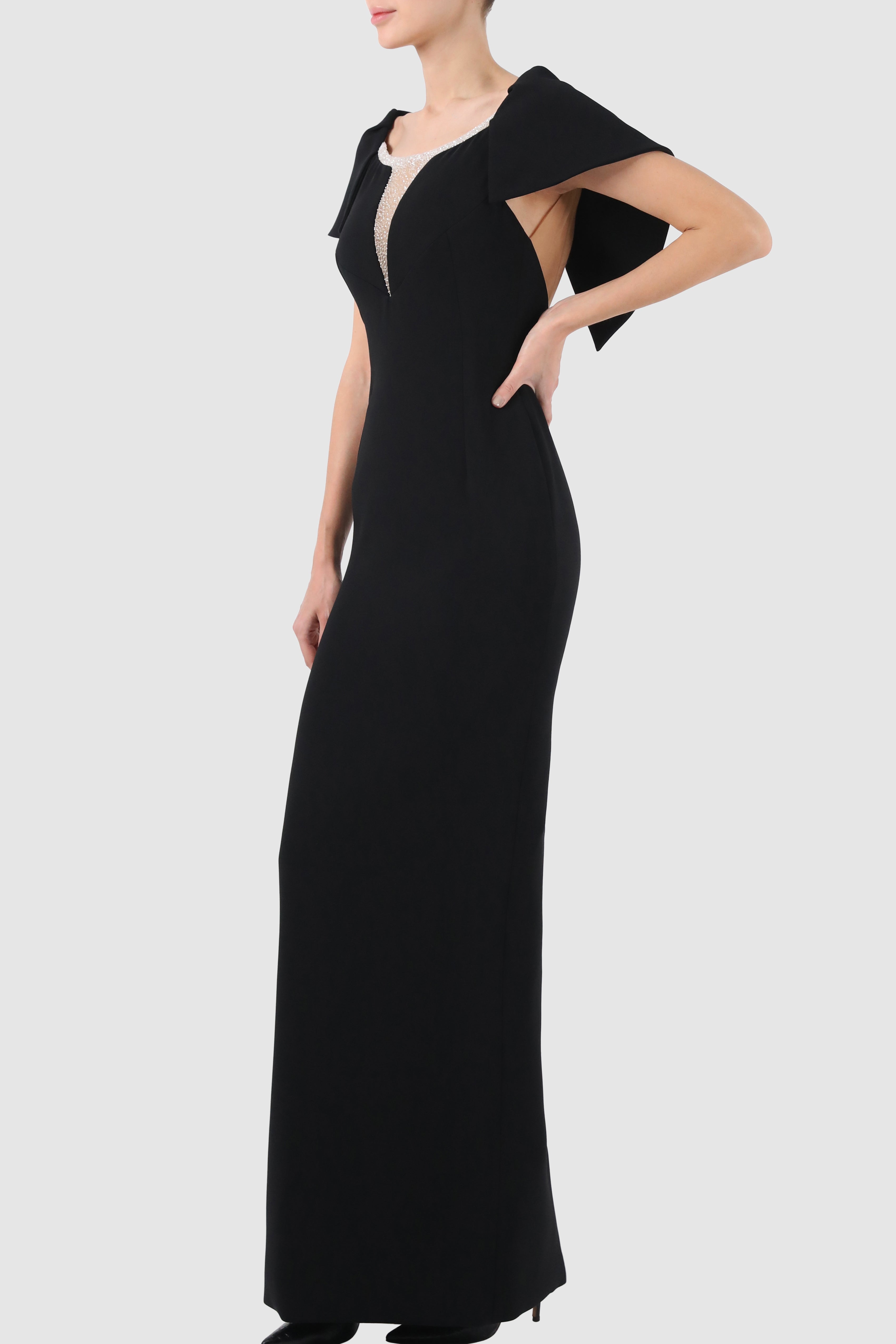 Cape-Like Tulle Embroidered Crepe Gown
