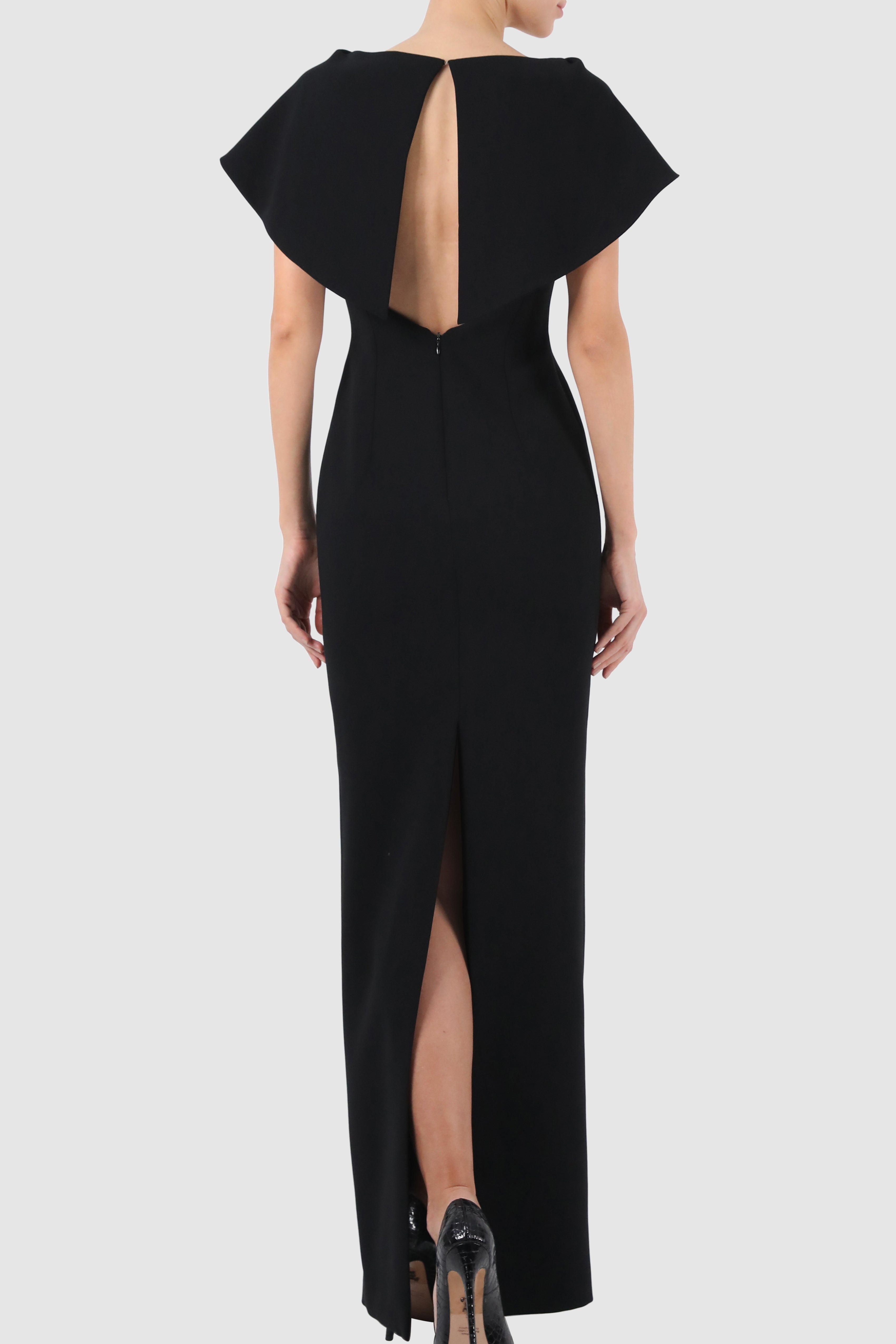 Cape-Like Tulle Embroidered Crepe Gown