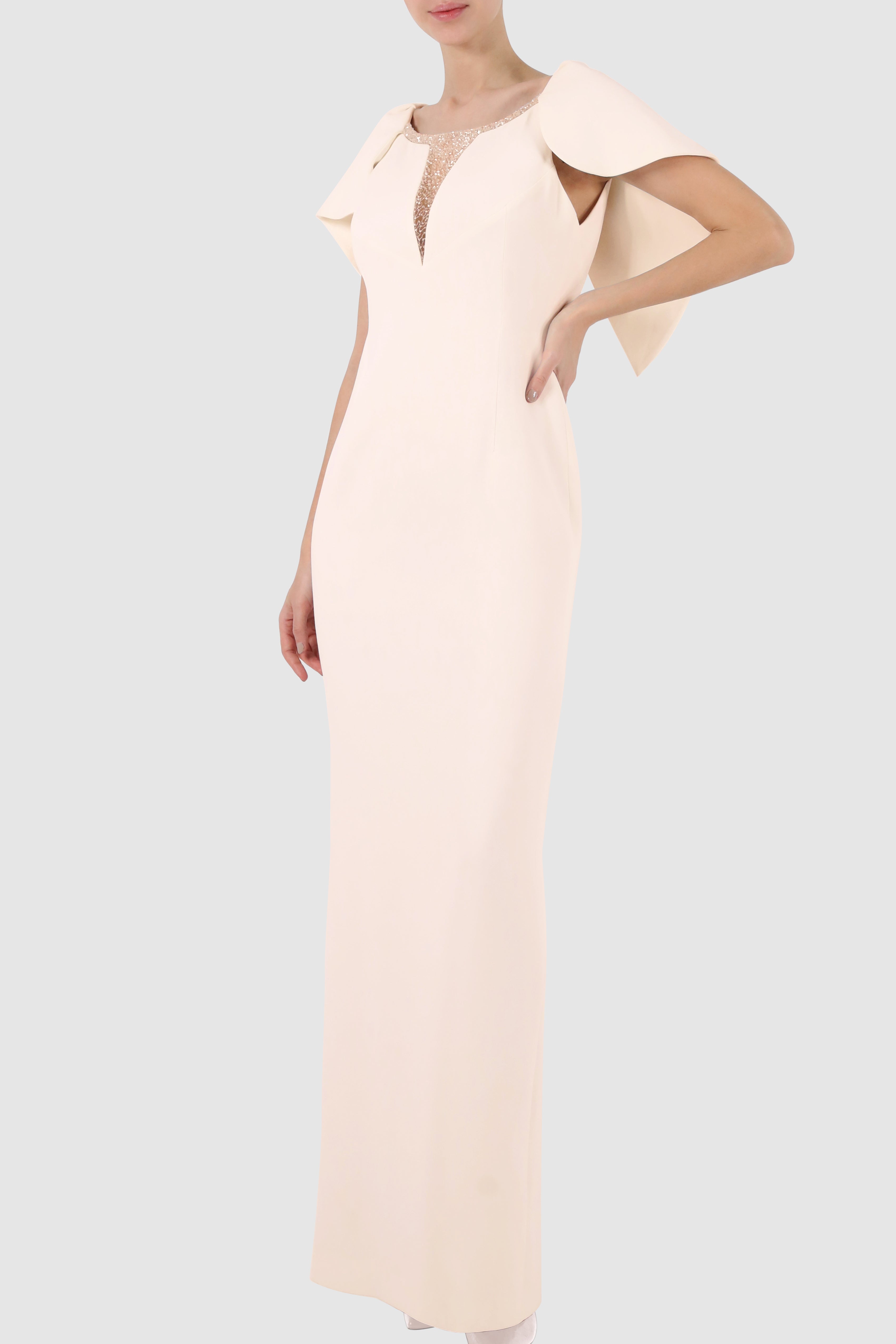 Cape-Like Tulle Embroidered Crepe Gown