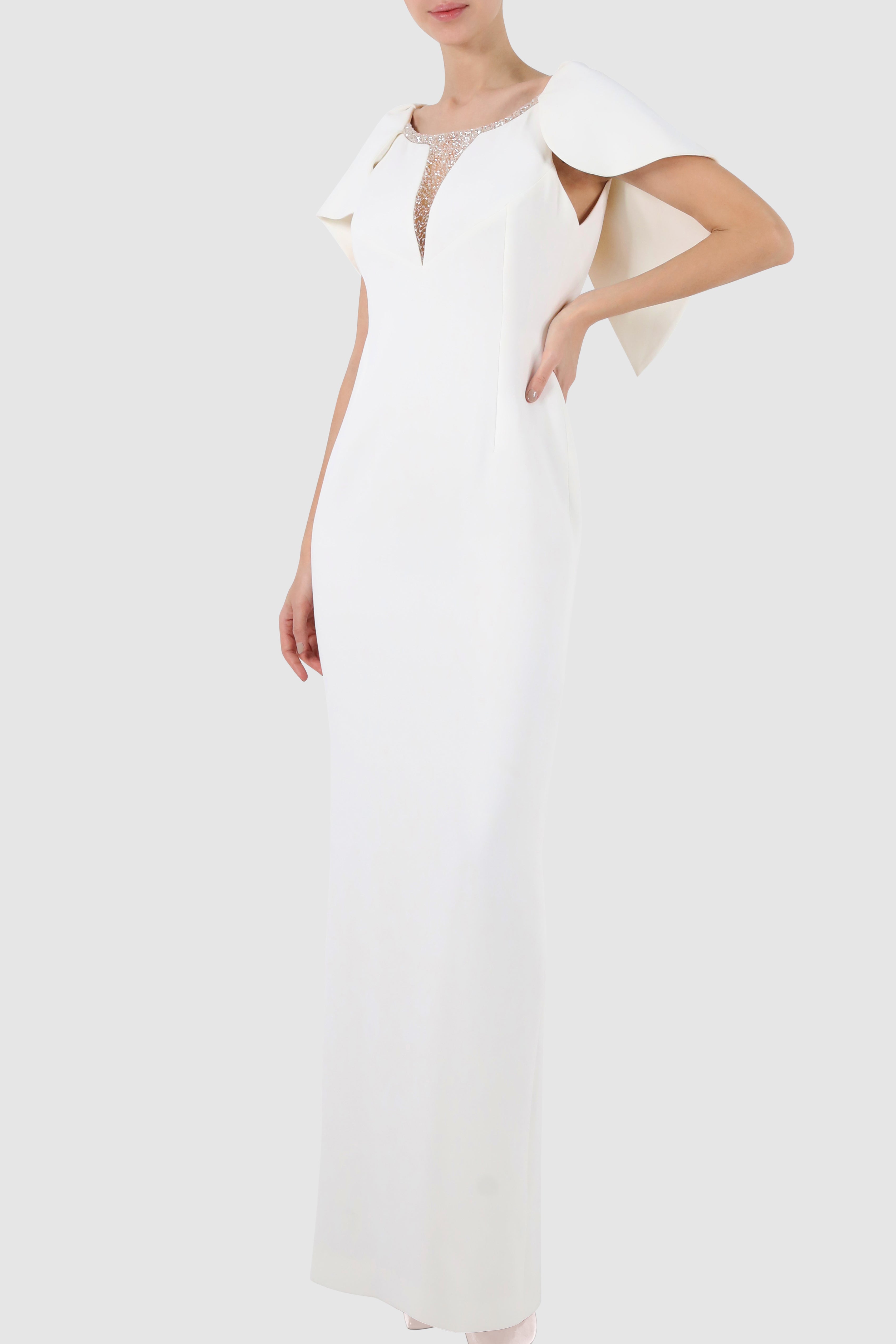 Cape-Like Tulle Embroidered Crepe Gown