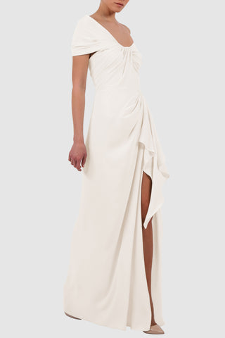 Off-shoulder wrap-effect crepe gown