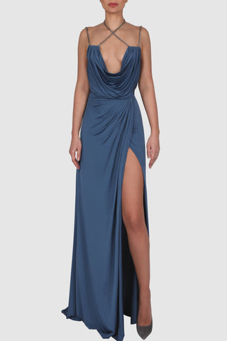 Draped knitted satin chain-embellished gown