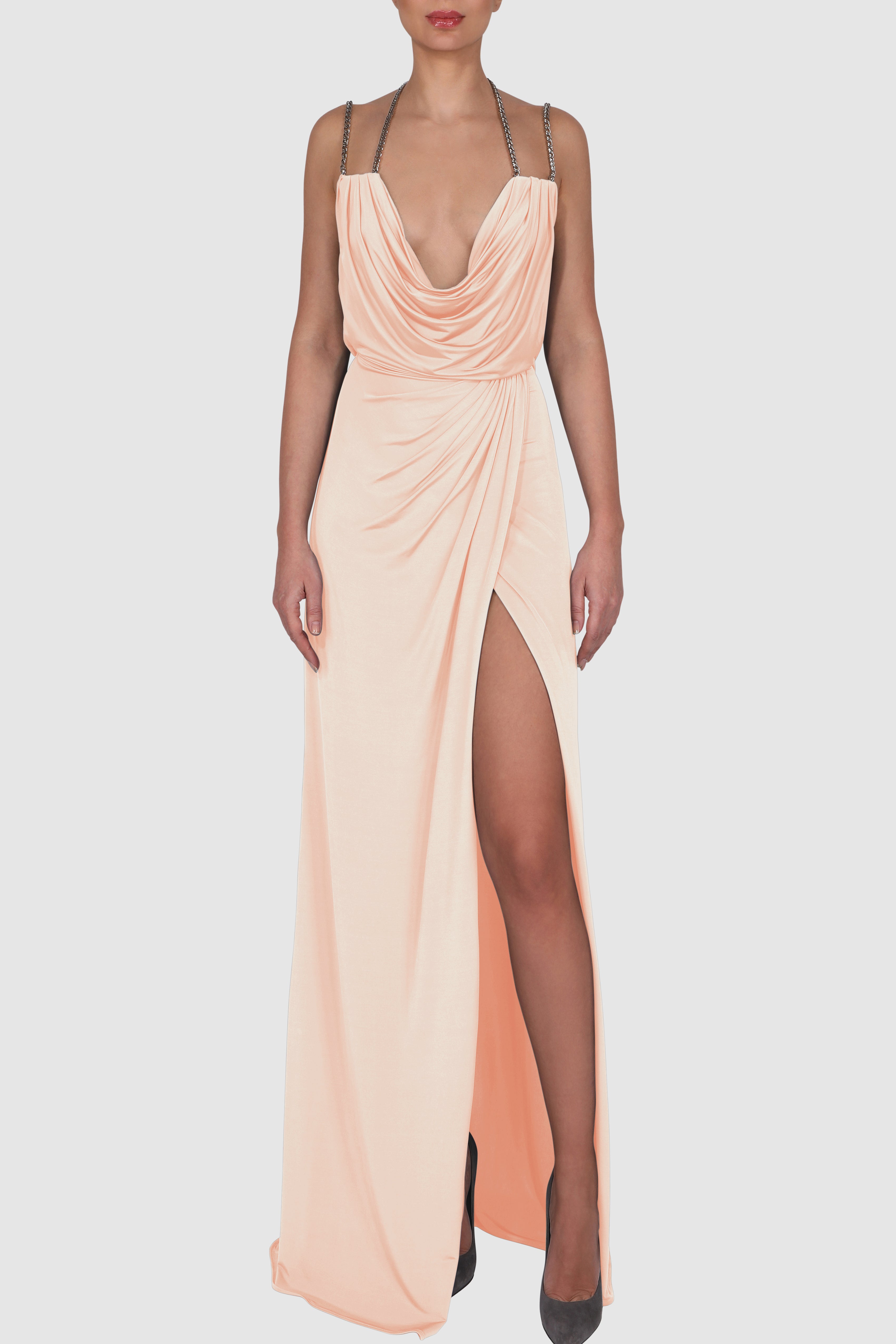 Draped Knitted Satin Chain-Embellished Gown