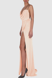 Draped Knitted Satin Chain-Embellished Gown