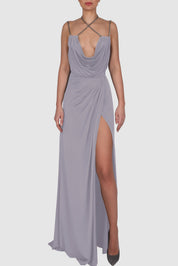 Draped Knitted Satin Chain-Embellished Gown