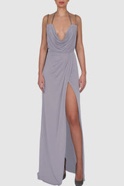 Draped Knitted Satin Chain-Embellished Gown