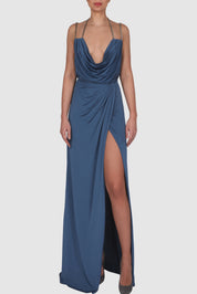 Draped Knitted Satin Chain-Embellished Gown