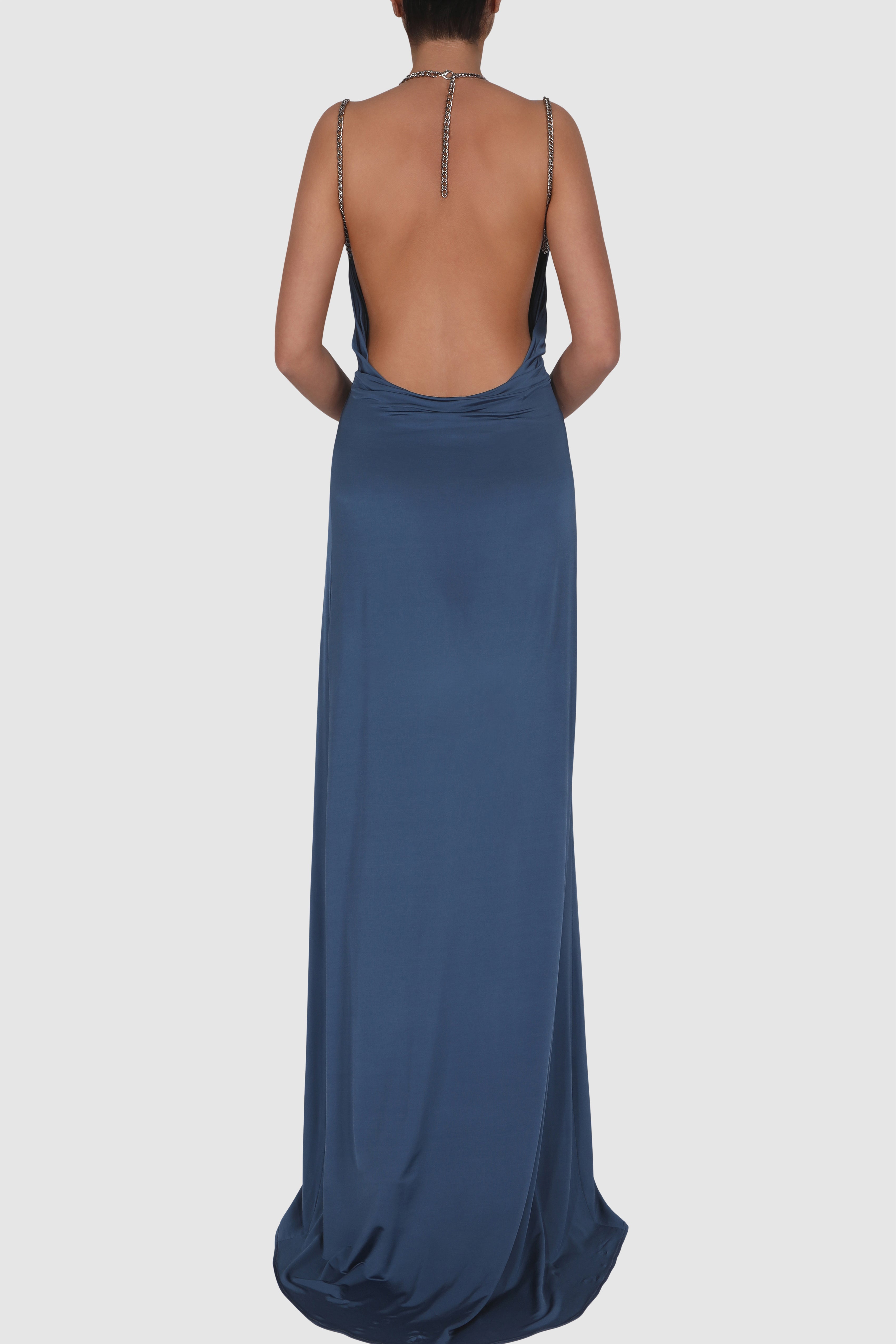Draped Knitted Satin Chain-Embellished Gown