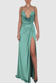 Draped Knitted Satin Chain-Embellished Gown