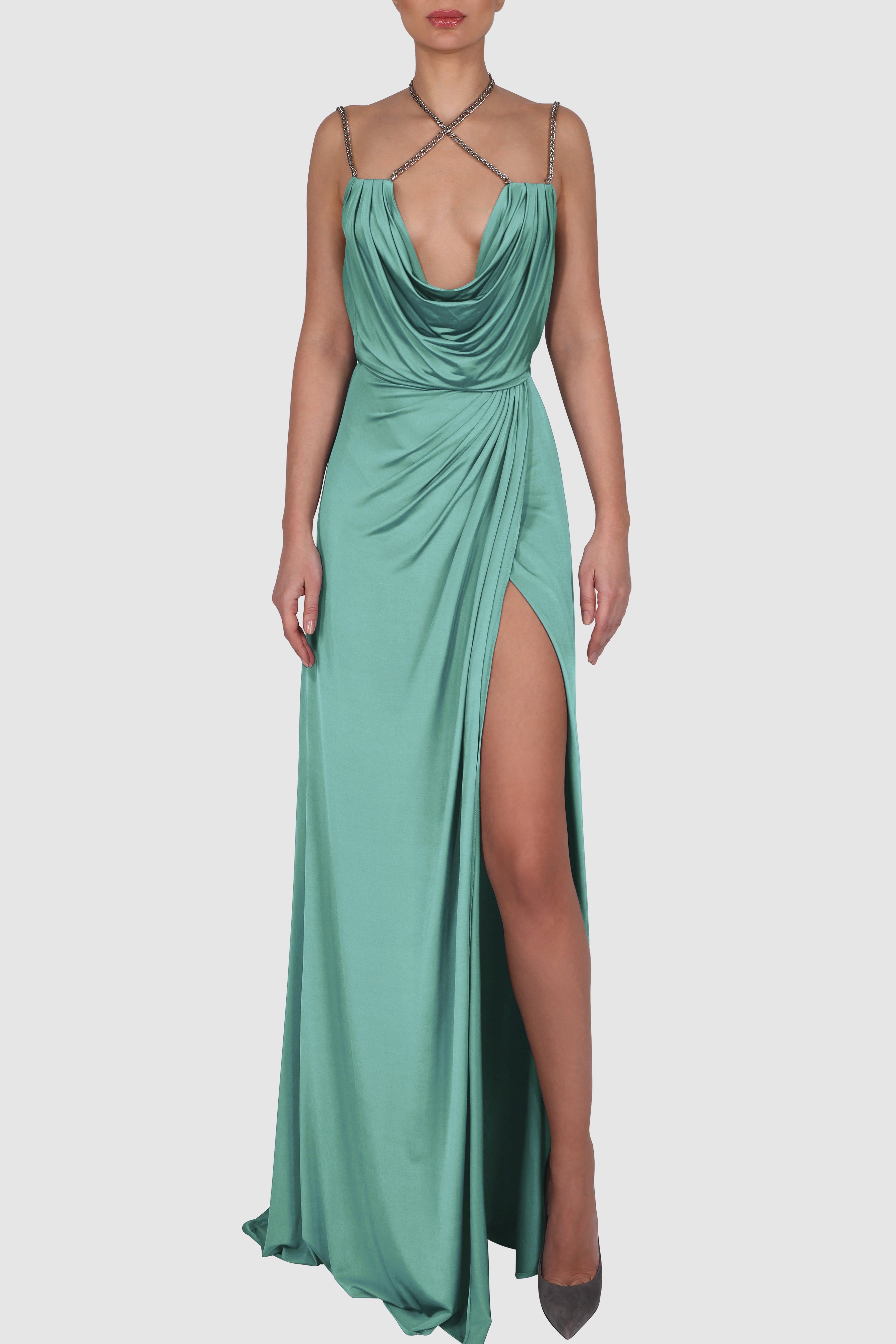 Draped Knitted Satin Chain-Embellished Gown