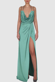 Draped Knitted Satin Chain-Embellished Gown