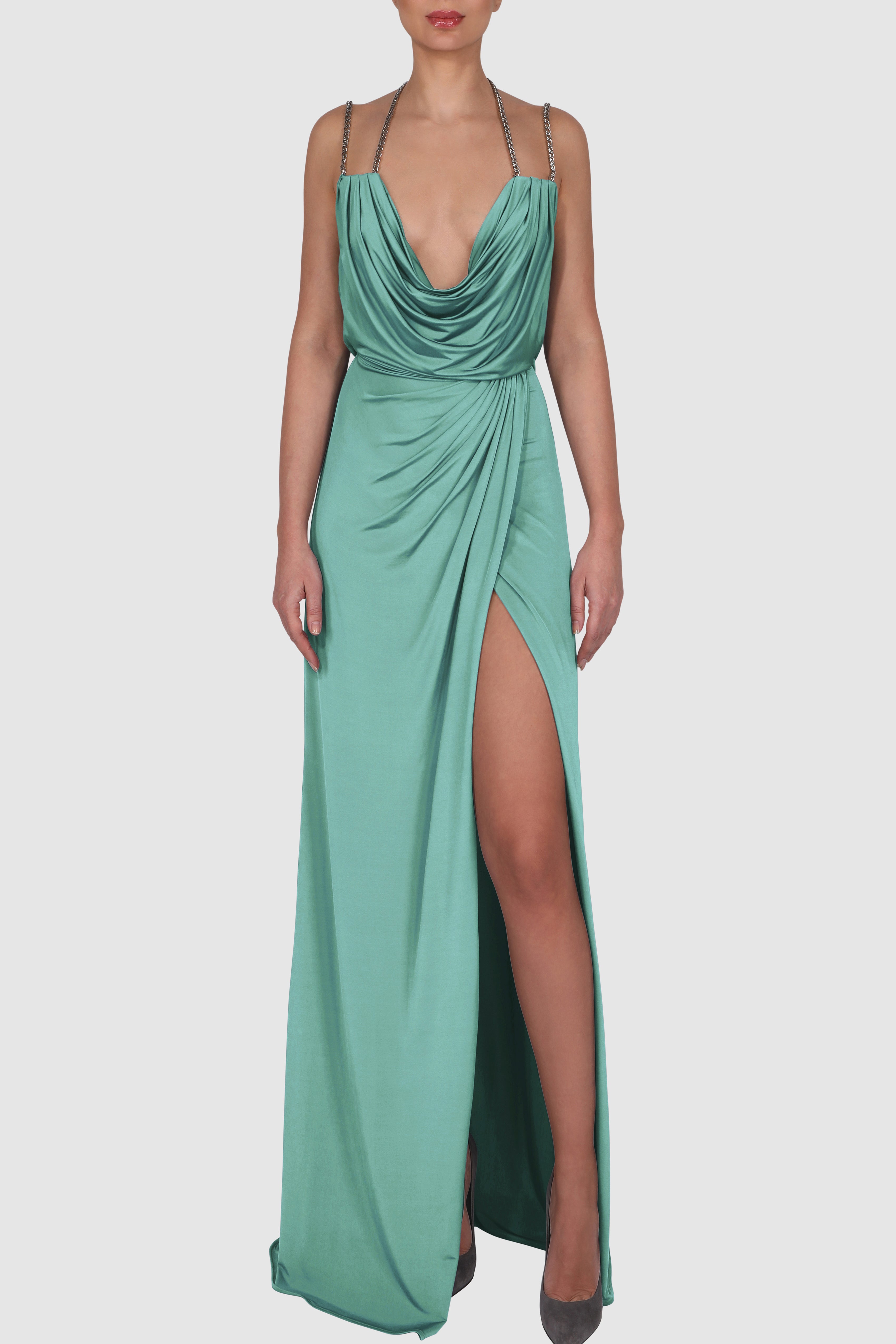 Draped Knitted Satin Chain-Embellished Gown