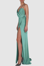 Draped Knitted Satin Chain-Embellished Gown