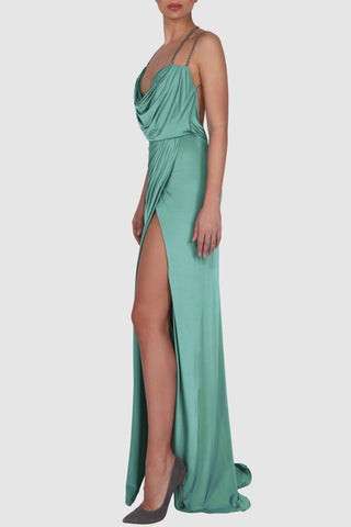 Draped knitted satin chain-embellished gown