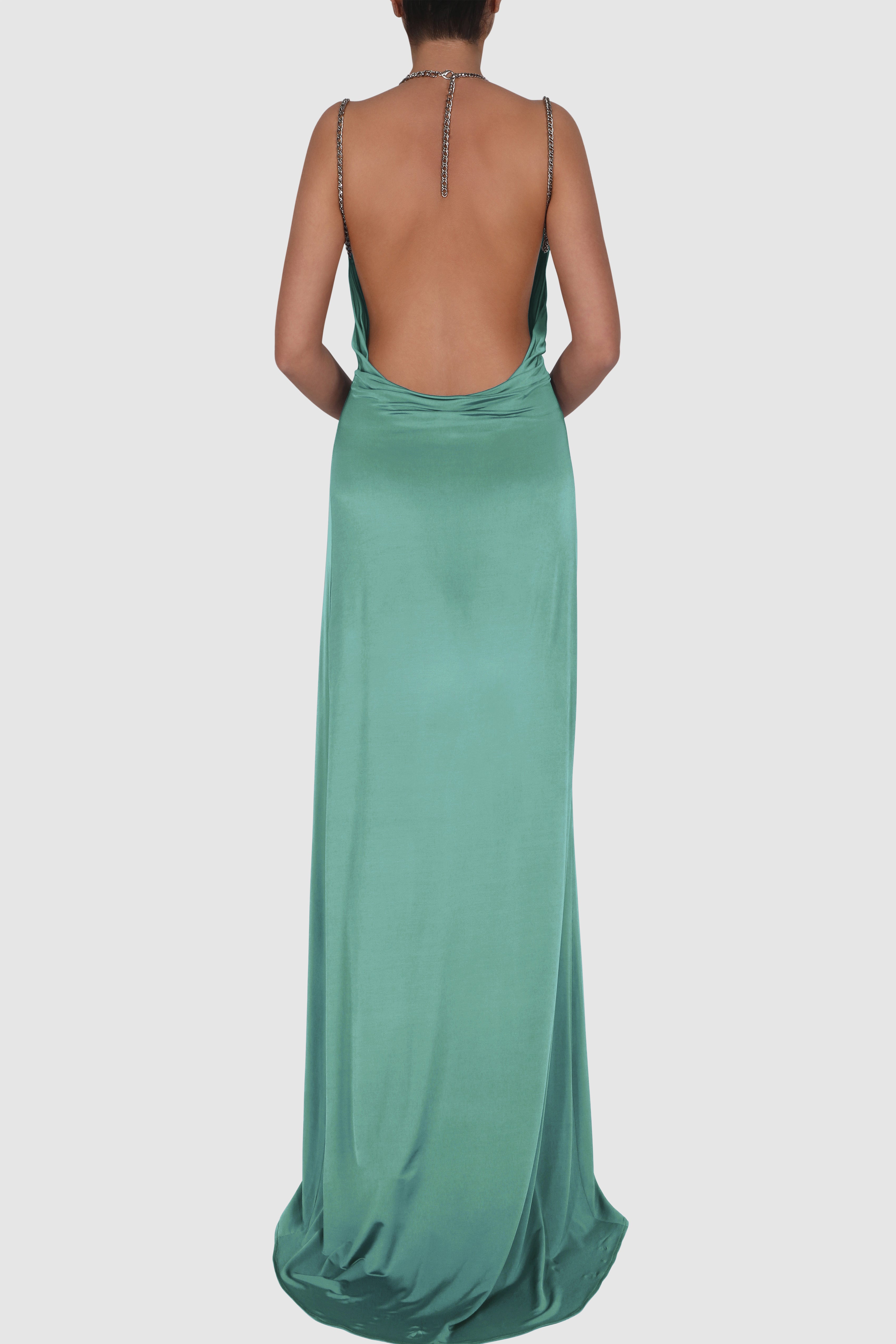 Draped Knitted Satin Chain-Embellished Gown