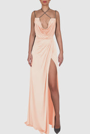 Draped Knitted Satin Chain-Embellished Gown