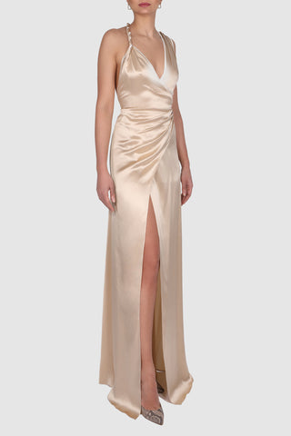 Asymmetric wrap-effect silk satin gown