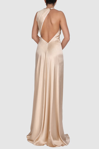 Asymmetric wrap-effect silk satin gown