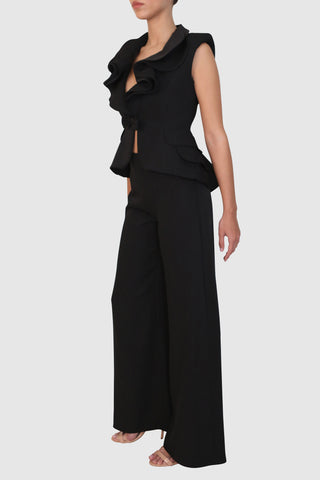 Ruffled Crepe Vest and High-Waisted Pants Suit