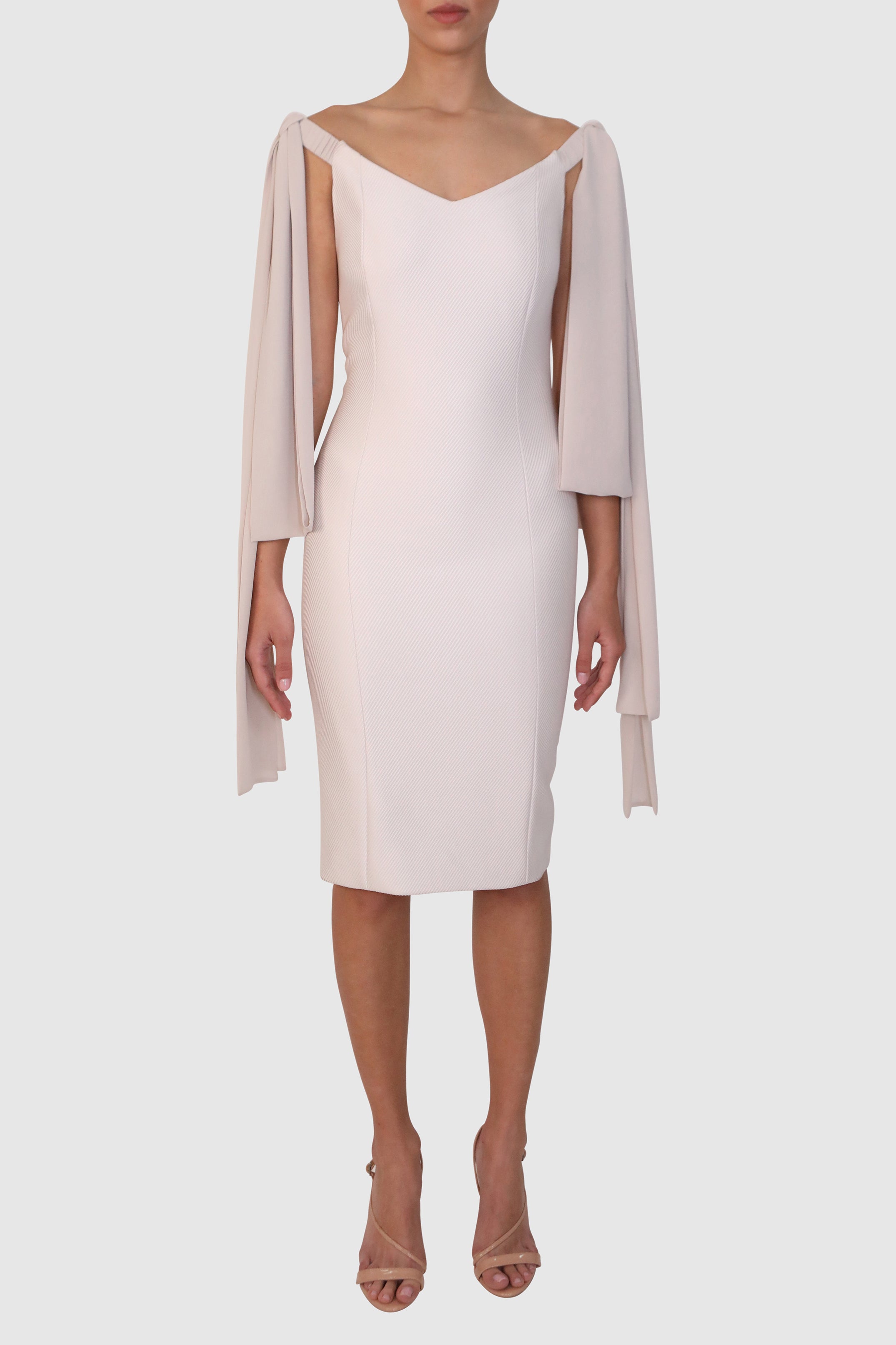 Off-Shoulder Mercerized Twill Dress with Bow Detail