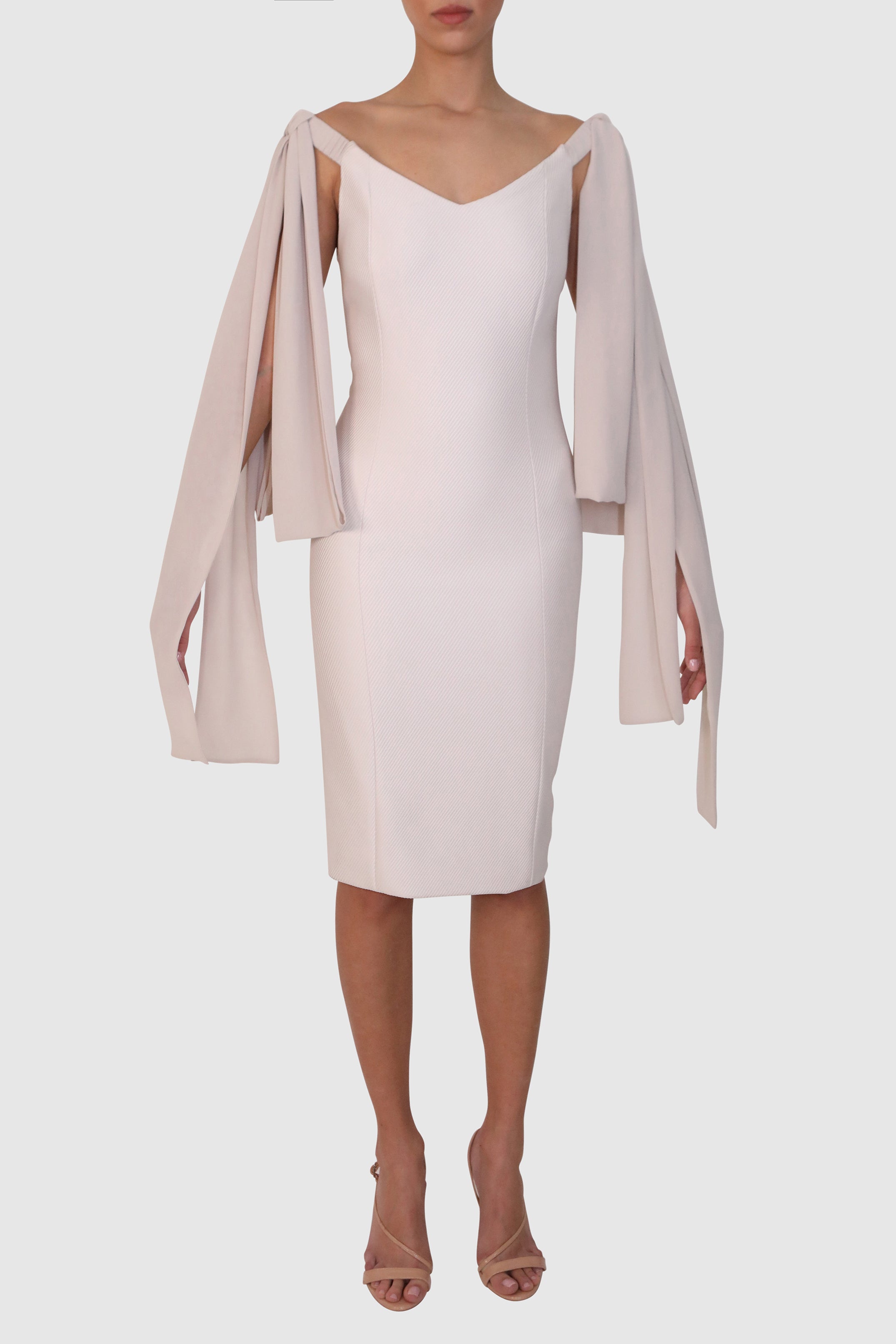 Off-Shoulder Mercerized Twill Dress with Bow Detail