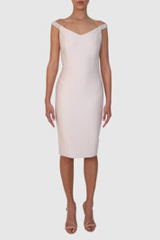 Off-Shoulder Mercerized Twill Dress with Bow Detail