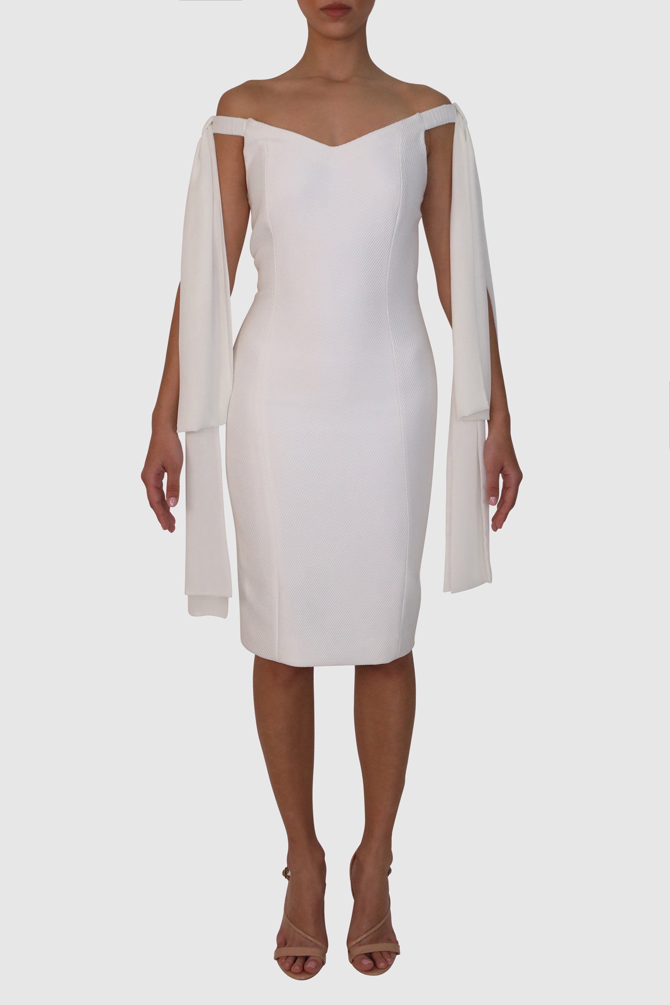 Off-Shoulder Mercerized Twill Dress with Bow Detail