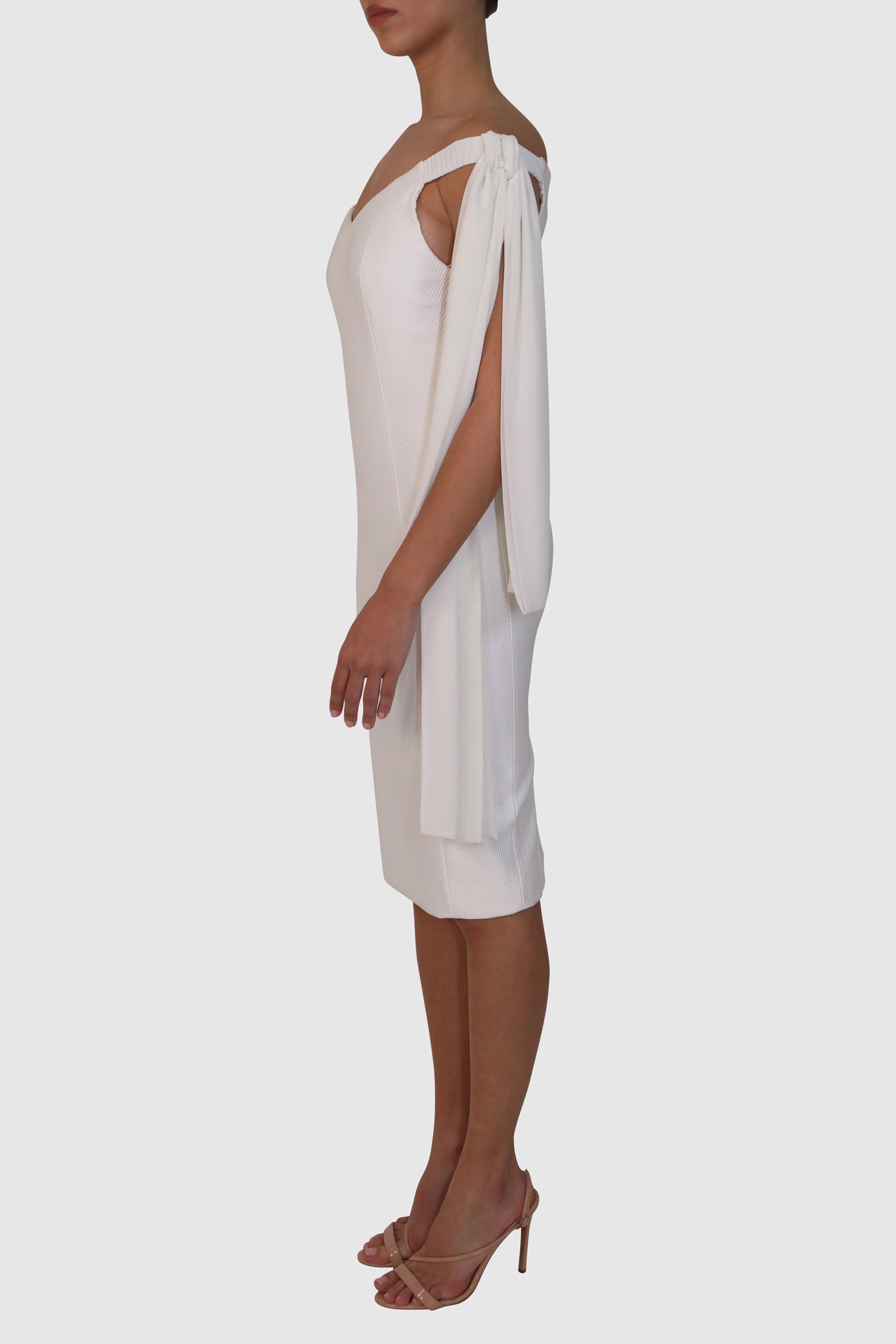 Off-Shoulder Mercerized Twill Dress with Bow Detail