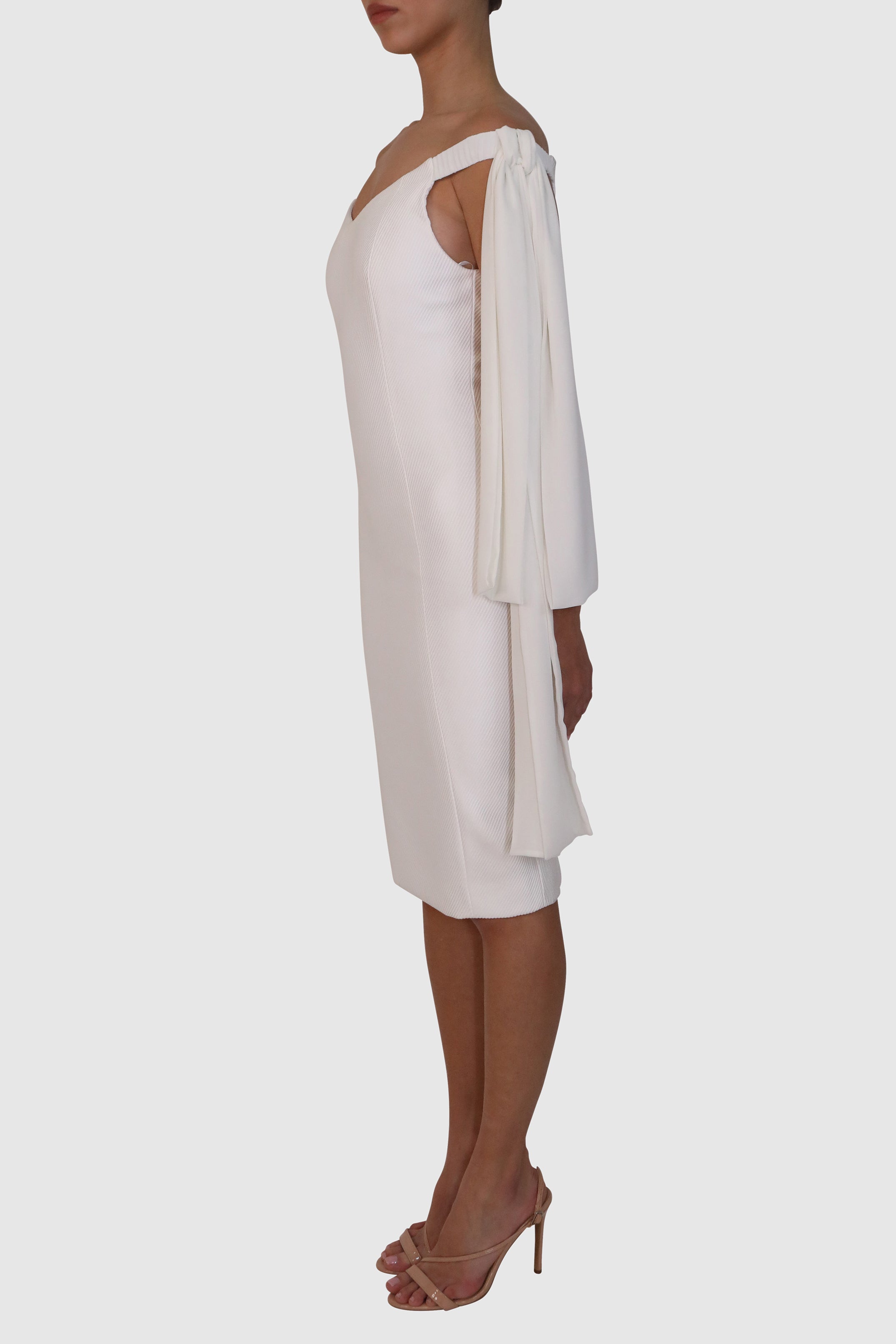 Off-Shoulder Mercerized Twill Dress with Bow Detail