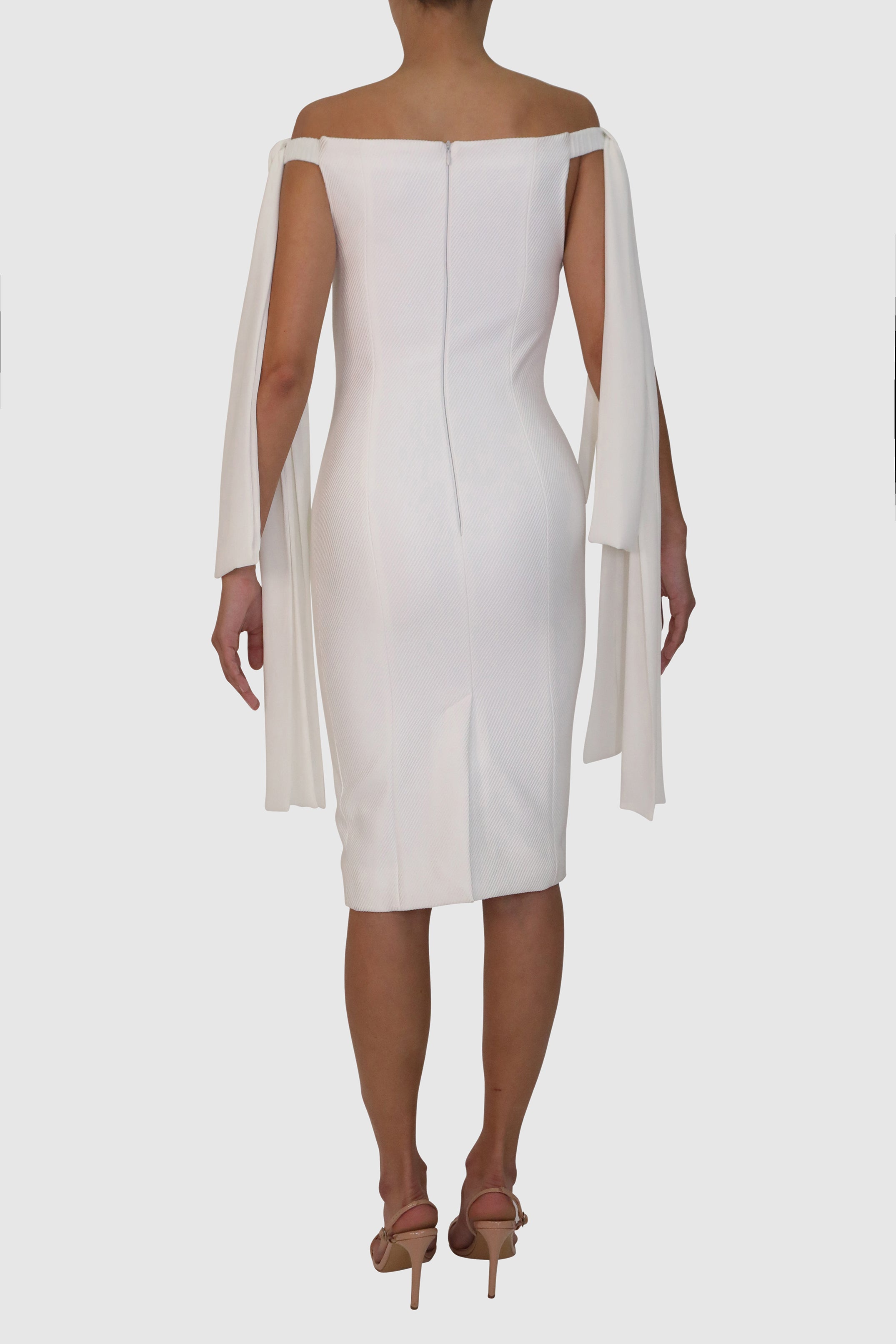 Off-Shoulder Mercerized Twill Dress with Bow Detail