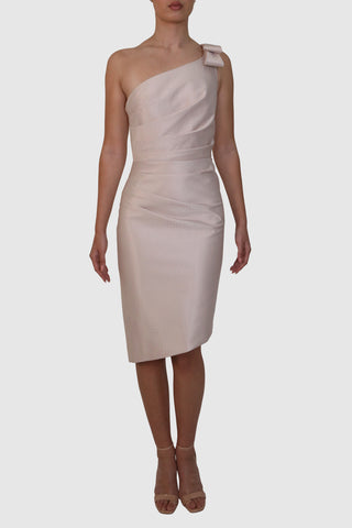 Rigid One-Shoulder Dress with Pleated Detail and Bow Accent