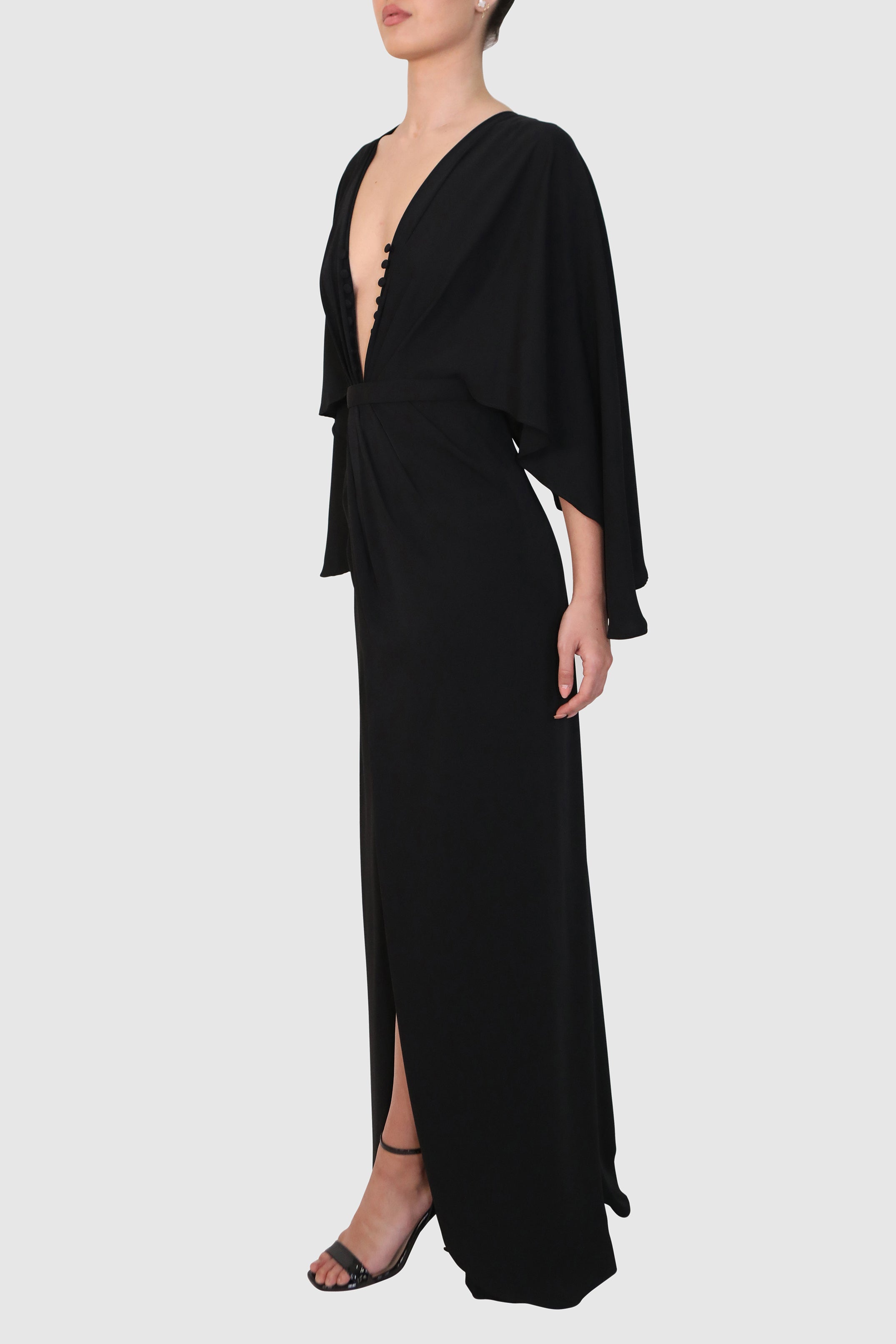 Buttoned Chest Plunging Long Dress