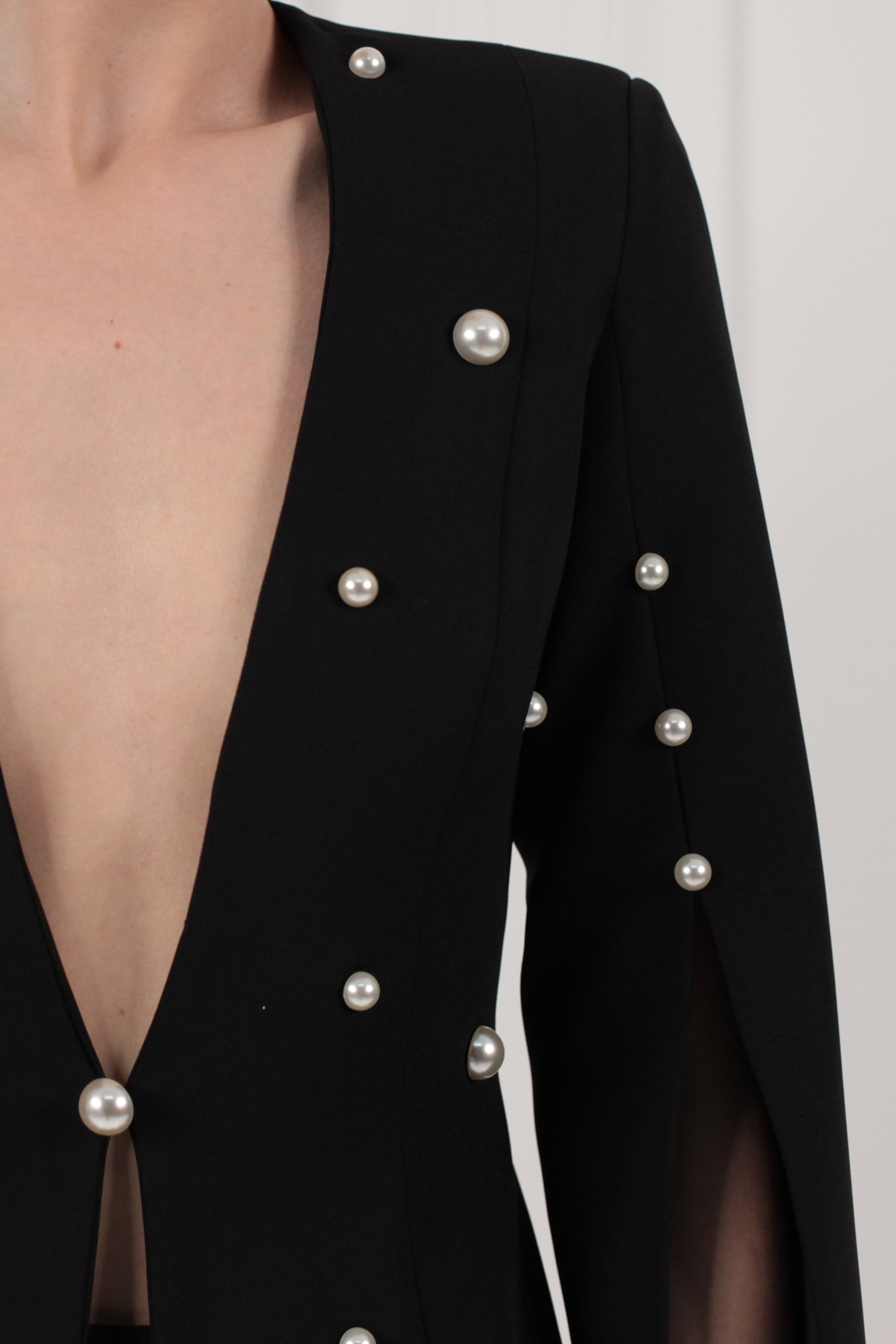 Plunged Faux-Pearl Embellished Jacket