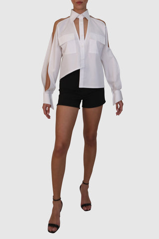 Asymmetrical Cut-Out White Button-Up Shirt