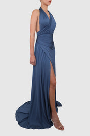 Twill Halter-neck Dress with Asymmetric Chest