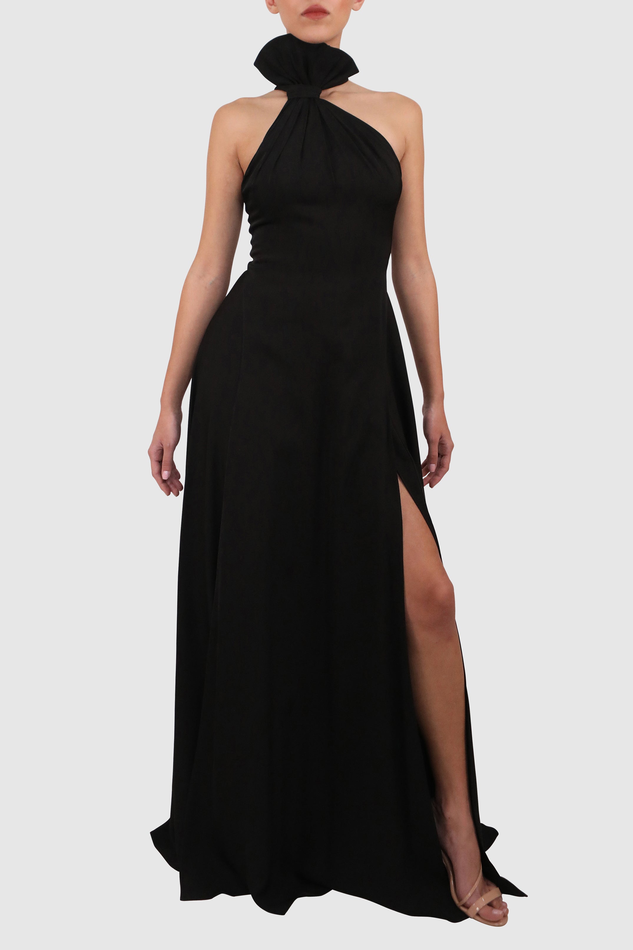 Halter Dress with Slits and Dramatic Bow