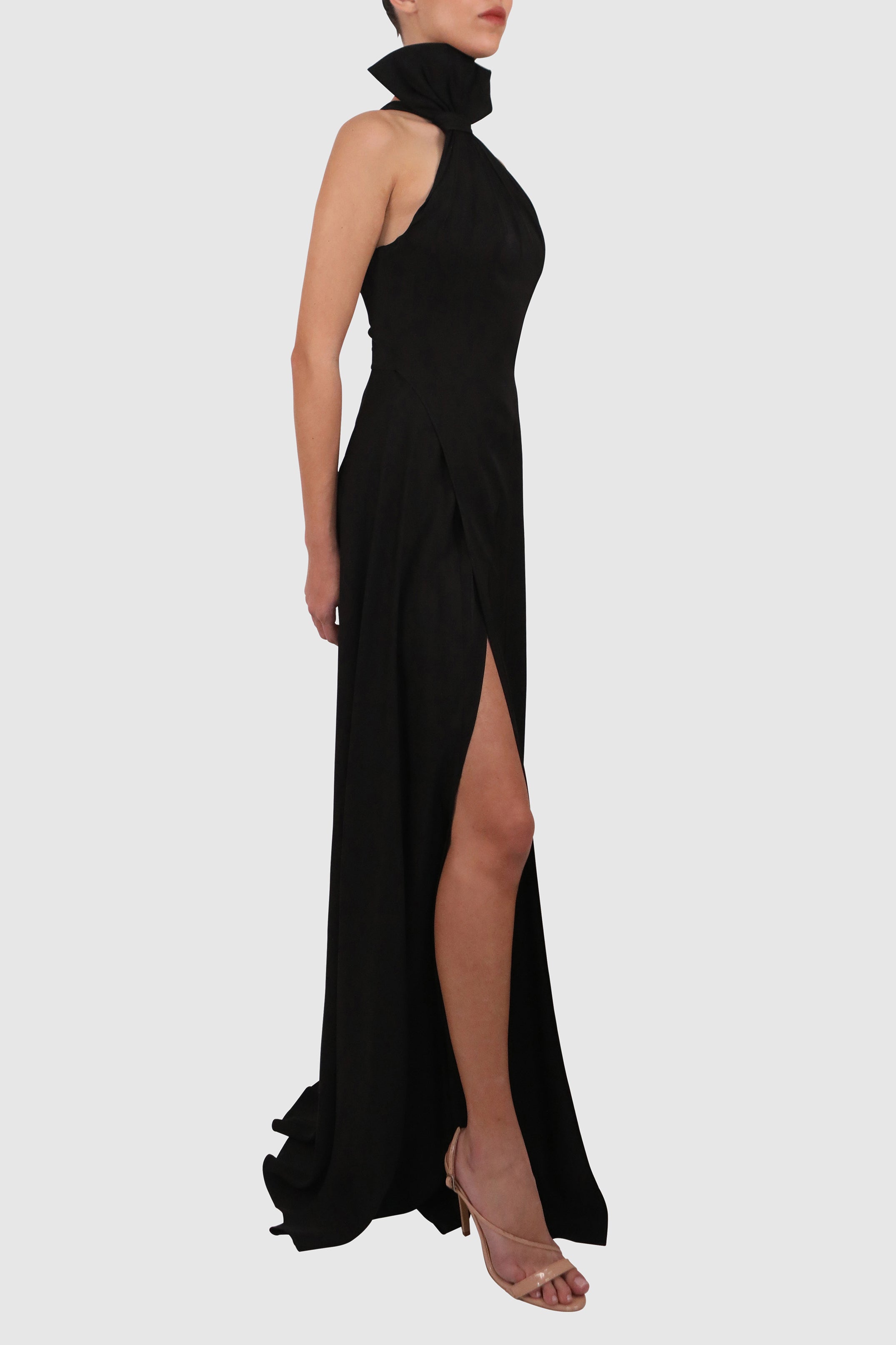 Halter Dress with Slits and Dramatic Bow