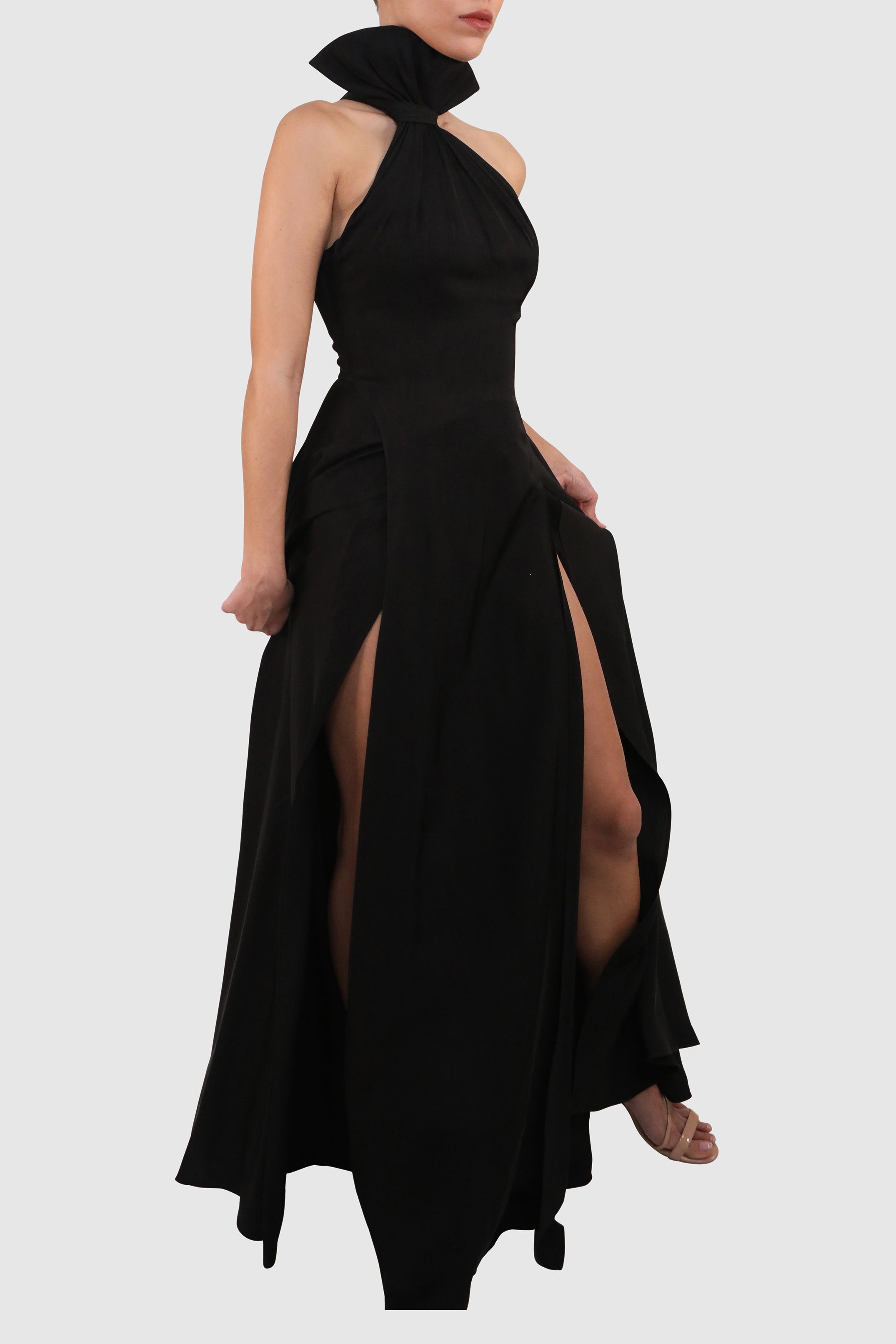 Halter Dress with Slits and Dramatic Bow