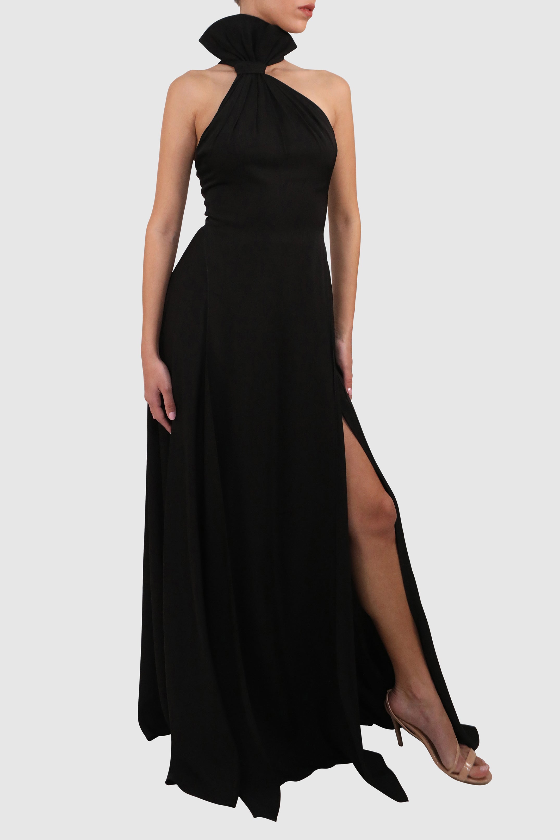 Halter Dress with Slits and Dramatic Bow